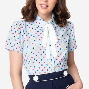 Smak Parlour Blue & Rainbow Dot Neck Tie Blouse